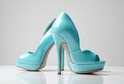 The primary subject of the image is a pair of blue high heels. The setting is a white background, which provides a clean and minimalist look. The visual style is a close-up of the shoes, showcasing their design and details. The colors and mood of the image are predominantly blue, giving the scene a calm and sophisticated atmosphere.