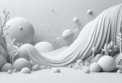 The primary subject of the image is a white, three-dimensional illustration of a mountain with a wave-like shape. The setting is a white background, and the visual style is digital art. The image has a clean and minimalist appearance, with a focus on the mountain and its unique shape. The colors and mood of the image are predominantly white, giving it a calm and serene atmosphere.