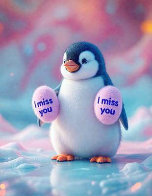 The primary subject of the image is a penguin. The penguin is standing on a pink and blue surface, which appears to be a digital art or illustration. The penguin is holding two pink and blue hearts in its hands, which are likely part of the artistic design. The overall atmosphere of the image is playful and whimsical.