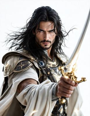The primary subject of the image is a man dressed in a white and gold costume, holding a sword. He appears to be a warrior or a character from a fantasy story. The setting is a white background, which provides a clean and uncluttered look to the image. The visual style is a combination of digital art and illustration, creating a detailed and realistic representation of the man and his surroundings. The colors and mood of the image are predominantly white and gold, giving it a sense of elegance and power.