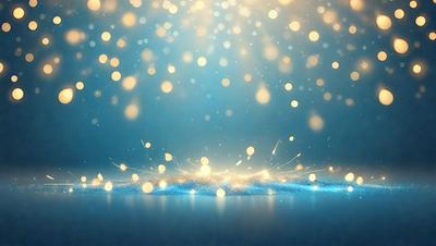 The primary subject of the image is a brightly lit, blue background with a pattern of white lights. The setting appears to be a dark room, and the visual style is a combination of a photo and digital art. The dominant colors are blue and white, creating a calm and serene atmosphere.