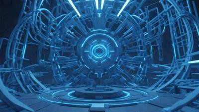 The primary subject of the image is a futuristic, blue, circular structure with a central hole. The setting is a dark, blue environment, and the visual style appears to be a combination of digital art and illustration. The dominant colors are blue and black, creating a moody and futuristic atmosphere.