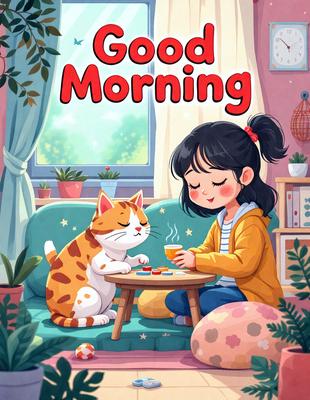 The image features a young girl sitting at a table with a cat. The girl is holding a cup, possibly enjoying a beverage. The scene is set in a cozy environment, with a couch visible in the background. The visual style of the image is a combination of digital art and illustration, creating a warm and inviting atmosphere. The primary subject of the image is the girl and the cat, with the girl being the main focus.