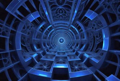 The primary subject of the image is a blue spiral tunnel, which appears to be a futuristic, digital art or illustration. The setting is a dark, blue-lit environment, which adds to the overall mood of the scene. The visual style of the image is a combination of photo, digital art, and illustration, creating a unique and captivating atmosphere.