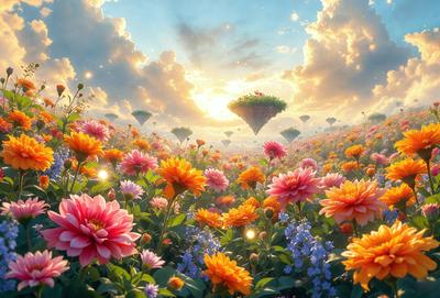 Primary subject: A field of flowers with a variety of colors, including pink, yellow, and orange.

Setting/background: The flowers are set against a backdrop of a cloudy sky.

Visual style: The image is a digital art piece, featuring a vibrant and colorful flower field.

Colors and mood: The dominant colors are pink, yellow, and orange, creating a cheerful and lively atmosphere.