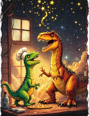 The primary subject of the image is a cartoon illustration of a small green dinosaur and a large red dinosaur, with the small dinosaur standing next to the large one. The setting is a nighttime scene with a window in the background. The visual style is a cartoon illustration, and the colors and mood are predominantly dark and moody, with the red dinosaur appearing to be a t-rex.
