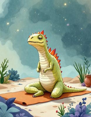 The primary subject of the image is a cartoon dinosaur, specifically a green and red alligator dinosaur, sitting on a towel or blanket. The setting is a desert-like environment, with a cloudy sky visible in the background. The visual style is a combination of digital art and illustration, creating a whimsical and playful atmosphere. The colors are predominantly green and red, with the alligator dinosaur being the main focus of the image.