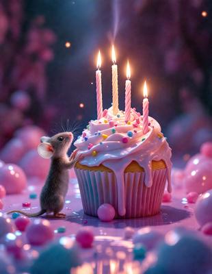 The primary subject of the image is a mouse standing next to a birthday cake. The cake is decorated with pink frosting and has lit candles on it, creating a festive atmosphere. The mouse appears to be interacting with the cake, possibly trying to blow out the candles or simply exploring the scene. The setting is a pink table, which adds to the overall color scheme and mood of the image. The visual style of the image is a combination of photo and digital art, creating a unique and eye-catching scene.