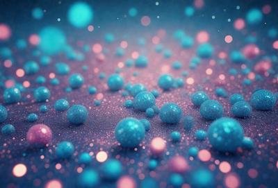 The primary subject of the image is a collection of colorful, shiny, and round objects, which appear to be either beads or bubbles. These objects are scattered across a blue and purple background, creating a visually appealing and vibrant scene. The visual style of the image is a combination of photo and digital art, as it captures the beauty of the objects and their reflections on the blue and purple surface. The colors and mood of the image are predominantly blue and purple, with a touch of pink, giving it a lively and energetic atmosphere.