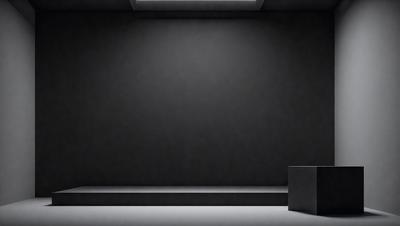 The primary subject of the image is a black box, which is placed on a black stage. The setting is a black room with a black wall, creating a dramatic and moody atmosphere. The visual style is a black and white photo, which adds to the intensity of the scene. The colors and mood of the image are predominantly black, giving it a stark and dramatic appearance.