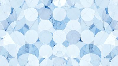 The primary subject of the image is a pattern of white circles on a blue background. The circles are arranged in a visually appealing manner, creating a sense of depth and dimension. The setting is a blue marble surface, which adds to the overall visual style of the image. The colors and mood of the image are predominantly blue and white, giving it a clean and modern appearance.