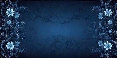 The primary subject of the image is a blue background with a pattern of swirls and floral designs. The setting is a dark blue background, which creates a moody and dramatic atmosphere. The visual style is a combination of digital art and illustration, as the swirls and floral designs are intricately detailed and well-crafted. The colors and mood of the image are predominantly dark and mysterious, with the blue background serving as a striking contrast to the intricate patterns.