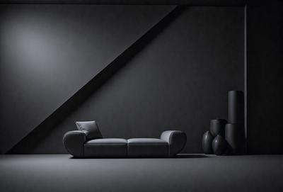 The primary subject of the image is a modern, minimalist couch with a gray color scheme. The couch is placed in a dark room, which creates a moody atmosphere. The setting is a black and white photo, giving the image a classic and timeless feel. The visual style is a combination of photography and digital art, resulting in a unique and visually appealing composition.