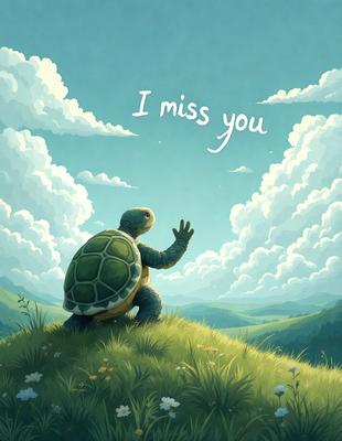 Primary subject: A turtle sitting on a grassy hill.

Setting/background: The turtle is sitting on a grassy hill with a beautiful landscape in the background.

Visual style: The image is a digital art or illustration.

Colors and mood: The image has a warm and inviting atmosphere, with the turtle being the main focus.