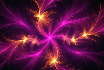 The primary subject of the image is a purple and orange flame pattern, which appears to be a digital art or illustration. The setting is a dark background, which contrasts with the bright colors of the flame pattern. The visual style suggests that the image is a creative and artistic representation of the flame pattern, rather than a photo or a real-life scene. The dominant colors are purple and orange, creating a vibrant and energetic atmosphere.