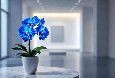 The primary subject of the image is a white vase filled with blue flowers, placed on a white table. The setting is a white room with a white floor, creating a clean and minimalist atmosphere. The visual style is a photo, capturing the beauty of the flowers and the vase. The colors and mood of the image are predominantly white, giving it a calm and serene appearance.