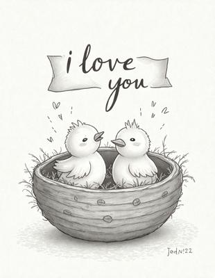 The image features two baby birds sitting in a bowl, possibly a bird's nest. The birds are facing each other, creating a sense of connection and affection. The scene is set in a grassy area, providing a natural and serene backdrop. The visual style of the image is a combination of digital art and illustration, giving it a unique and charming appearance. The colors in the image are predominantly shades of green and brown, which contribute to the overall warm and inviting atmosphere.