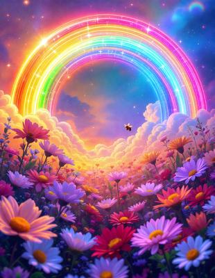 Primary subject: A field of flowers with a rainbow background.

Setting/background: The flowers are set against a backdrop of a rainbow, creating a vibrant and colorful scene.

Visual style: The image is a digital art or illustration, featuring a field of flowers with a unique and eye-catching background.

Colors and mood: The dominant colors are pink, yellow, and purple, creating a cheerful and uplifting atmosphere.
