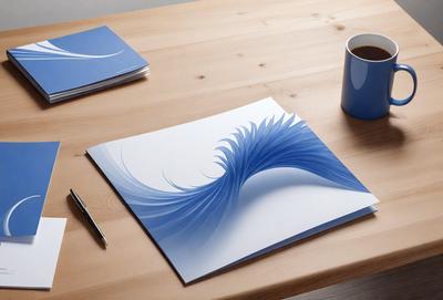 The primary subject of the image is a white and blue artwork displayed on a wooden table. The artwork features a blue wave-like pattern, giving it a unique and visually appealing appearance. The setting is a wooden table, which serves as the background for the artwork. The visual style of the image is a combination of digital art and illustration, creating a modern and creative atmosphere. The dominant colors in the image are white and blue, which contribute to the overall mood of the artwork.