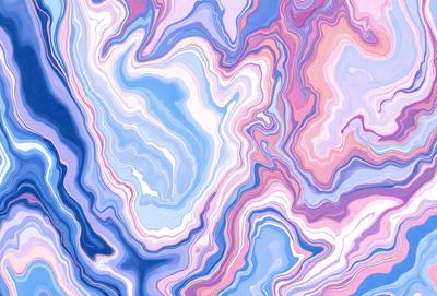 The primary subject of the image is a colorful, abstract design featuring a mix of blue, pink, and purple hues. The setting is a patterned surface, possibly a wallpaper or a piece of artwork. The visual style appears to be a combination of digital art and illustration, creating a vibrant and dynamic appearance. The colors and mood of the image are lively and energetic, with the various shades of blue, pink, and purple creating a sense of depth and movement.