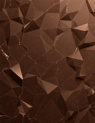The primary subject of the image is a close-up of a brown, textured surface with a pattern of triangles. The setting appears to be a dark room, and the visual style is a combination of a photo and digital art. The dominant colors are brown and black, creating a moody atmosphere.