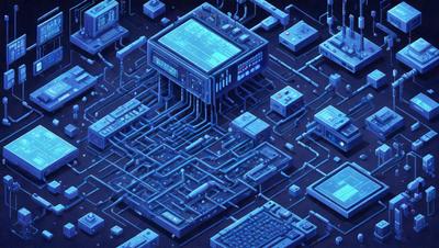 The primary subject of the image is a complex network of wires and electronic components, which are displayed in a blue and black color scheme. The setting appears to be a futuristic or technological environment, with the wires and components arranged in a visually intricate manner. The visual style of the image is a combination of digital art and illustration, creating a detailed and intricate representation of the electronic components. The overall atmosphere of the image is one of innovation and technological advancement.