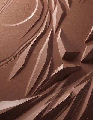 The primary subject of the image is a large, intricate sculpture made of clay. The sculpture is displayed on a brown surface, which could be a wall or a table. The visual style of the image is a combination of photo and digital art, as it appears to be a close-up of the sculpture. The colors and mood of the image are warm and earthy, with the brown clay and the natural texture of the sculpture creating a sense of depth and complexity.