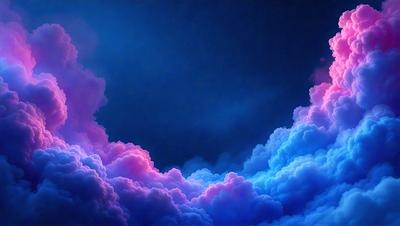 The primary subject of the image is a cloudy sky with a blue hue. The setting is a nighttime scene, with the sky being the main focus. The visual style is a digital art or illustration, creating a vibrant and colorful atmosphere. The dominant colors are blue and purple, giving the scene a serene and calming mood.