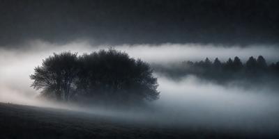The primary subject of the image is a tree with a foggy background. The setting is a foggy forest, and the visual style is a black and white photo. The dominant colors are shades of gray, and the overall atmosphere is mysterious and atmospheric.
