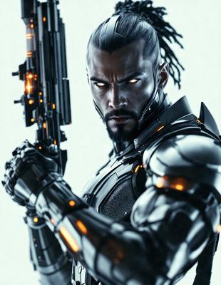 The primary subject of the image is a man dressed in a futuristic outfit, holding a weapon. The setting is a white background, and the visual style is digital art. The man's outfit is black and silver, and his facial expression is intense. The overall atmosphere of the image is dramatic and action-packed.