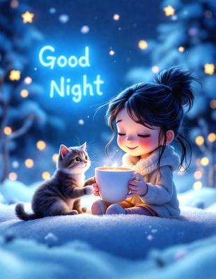 The primary subject of the image is a young girl sitting in the snow, holding a cup of coffee. The setting is a snowy environment, and the visual style appears to be a digital art or illustration. The colors in the image are predominantly blue and white, creating a calm and serene atmosphere.