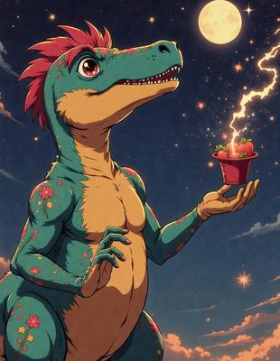 The primary subject of the image is a cartoon dinosaur, specifically a T-Rex, holding a red bowl with fruit in it. The setting is a night sky, and the visual style is a digital art or illustration. The colors and mood of the image are predominantly blue and orange, with a sense of whimsy and playfulness.