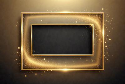 The primary subject of the image is a gold frame with a blank space in the center. The setting is a dark background, which contrasts with the gold frame. The visual style is a combination of digital art and illustration, creating a unique and eye-catching design. The colors and mood of the image are predominantly gold and dark, giving it a luxurious and sophisticated appearance.