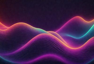 The primary subject of the image is a colorful, abstract mountain or wave-like shape. The setting is a dark background, which contrasts with the vibrant colors of the subject. The visual style is a combination of digital art and illustration, creating a unique and eye-catching design. The dominant colors are pink, blue, and purple, giving the image a lively and energetic atmosphere.