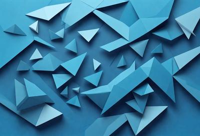 The primary subject of the image is a blue wall with a pattern of triangles. The setting is a room with a blue background, and the visual style appears to be a digital art or illustration. The dominant colors are blue and white, creating a calm and soothing atmosphere.