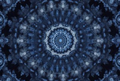 The primary subject of the image is a blue and white circular pattern, which appears to be a digital art or illustration. The setting is a dark background, which contrasts with the bright colors of the circular pattern. The visual style is a combination of digital art and illustration, creating a unique and intricate design. The dominant colors are blue and white, giving the pattern a calm and serene atmosphere.