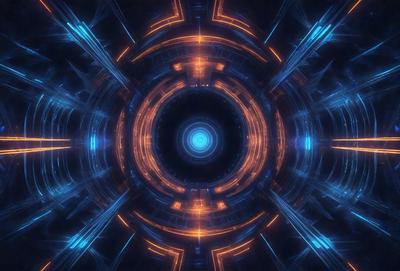 The primary subject of the image is a large, circular, blue and orange structure with a blue background. The setting appears to be a futuristic or technological environment. The visual style of the image is a combination of digital art and illustration, creating a unique and captivating scene. The dominant colors in the image are blue and orange, which contribute to the overall atmosphere of the scene.