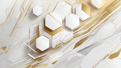 The primary subject of the image is a white and gold geometric design. The setting is a white background, and the visual style is a combination of digital art and illustration. The dominant colors are white and gold, creating a clean and elegant atmosphere.