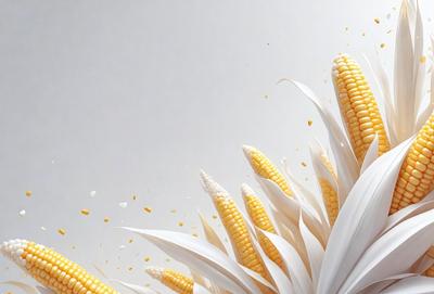 The primary subject of the image is a close-up of a white flower with yellow corn kernels. The setting is a white background, which creates a clean and minimalist visual style. The colors in the image are predominantly white and yellow, giving the image a fresh and vibrant atmosphere.
