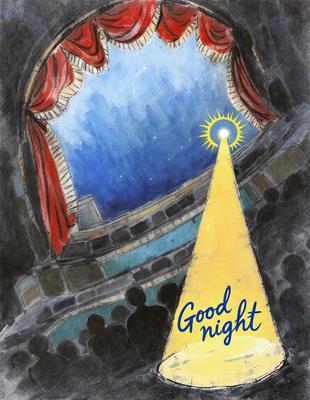 The primary subject of the image is a yellow light shining through a curtain, creating a warm and inviting atmosphere. The setting is a theater, with a stage and a large audience in the background. The visual style is a combination of digital art and illustration, giving the image a unique and artistic appearance. The colors and mood are predominantly warm and cozy, with the yellow light symbolizing a sense of comfort and relaxation.