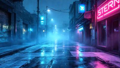 The primary subject of the image is a city street at night, with a blue and purple color scheme. The setting includes a wet street, a crosswalk, and a few buildings in the background. The visual style appears to be a digital art or illustration, creating a moody and atmospheric scene.