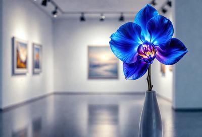 The primary subject of the image is a blue orchid flower in a white vase. The setting is a white wall, which serves as the backdrop for the flower. The visual style is a photo, capturing the beauty of the orchid in a simple yet elegant arrangement. The dominant colors are blue and white, creating a serene and calming atmosphere.