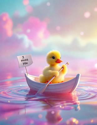 The primary subject of the image is a cute duckling sitting in a boat. The setting is a pink and purple background, which adds a whimsical and playful atmosphere to the scene. The visual style is a digital art or illustration, creating a charming and imaginative scene. The colors and mood are predominantly pink and purple, giving the image a warm and cheerful vibe.