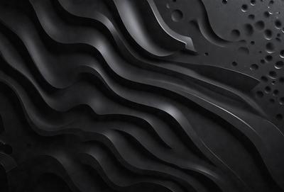 The primary subject of the image is a black and white patterned wall. The setting is a dark room, and the visual style appears to be a combination of a photo and a digital art or illustration. The dominant colors are black and white, creating a moody and dramatic atmosphere.