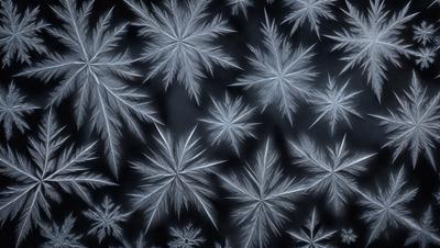 The primary subject of the image is a pattern of snowflakes, which are the main objects in the scene. The setting is a dark background, which contrasts with the snowflakes. The visual style is a combination of photo and digital art, creating a unique and intricate pattern. The colors are predominantly white, with the snowflakes being the main focus, and the overall atmosphere is serene and captivating.