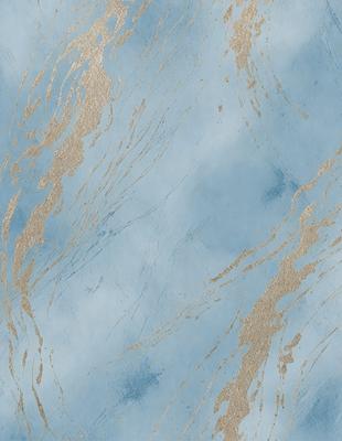 The primary subject of the image is a blue and gold wallpaper with a pattern of swirls and waves. The setting is a room with a blue wall, and the visual style is a combination of digital art and illustration. The dominant colors are blue and gold, creating a calm and soothing atmosphere.