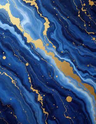 The primary subject of the image is a blue and gold marbled surface, which appears to be a painting or a piece of art. The setting is a room with a blue and gold marbled wall, and the visual style is a combination of painting and digital art. The colors and mood of the image are predominantly blue and gold, creating a sense of luxury and sophistication.
