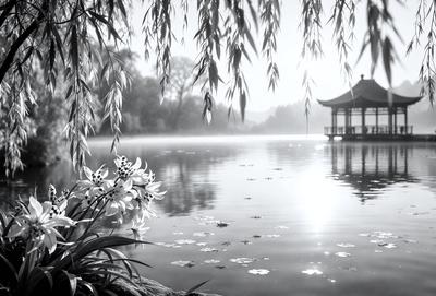 The primary subject of the image is a beautiful white flower, which is the main focus of the scene. The setting is a serene pond with a pagoda in the background, creating a peaceful and picturesque environment. The visual style of the image is a black and white photo, which adds a timeless and classic feel to the scene. The dominant colors are white and black, and the overall atmosphere is calm and serene.