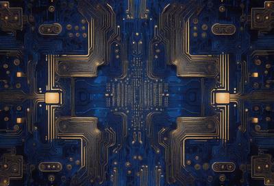 The primary subject of the image is a close-up of a blue and gold circuit board. The setting is a computer circuit board, and the visual style is a digital art or illustration. The dominant colors are blue and gold, creating a sense of sophistication and modernity.