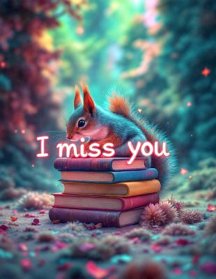 The primary subject of the image is a squirrel sitting on top of a stack of books. The setting is a forest, with the books and squirrel being the main focus of the scene. The visual style is a digital art illustration, creating a whimsical and playful atmosphere. The colors are predominantly shades of green, brown, and red, reflecting the natural environment of the forest.